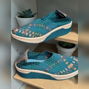 L'Amour Teal Woven Slip-On Platform Mules